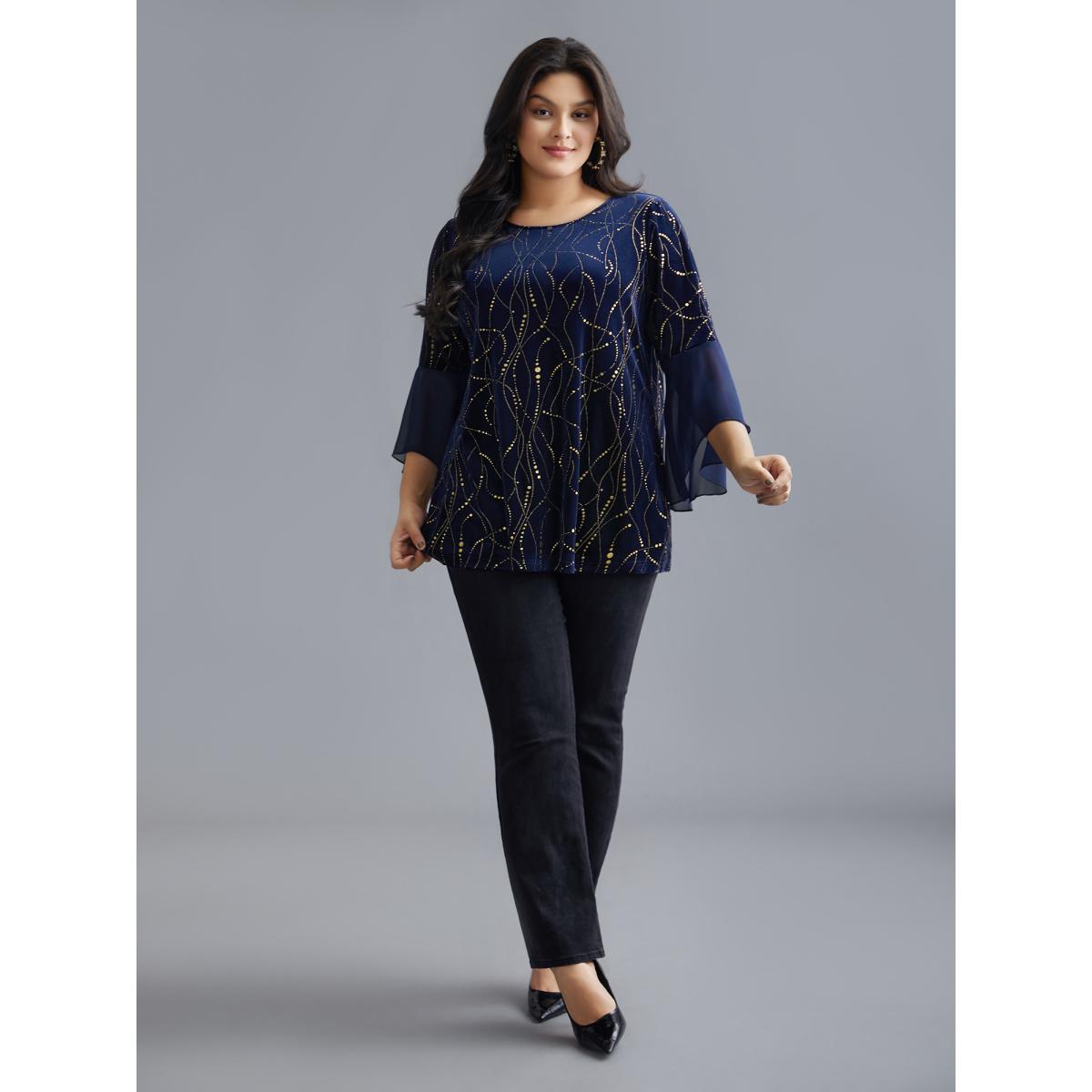 Plus Size Indigo Velvet Glitter Mesh Bell Sleeve Patchwork Blouse Women Cocktail Elbow-length sleeve Round Neck Party Blouses BloomChic 26/4X Product Image