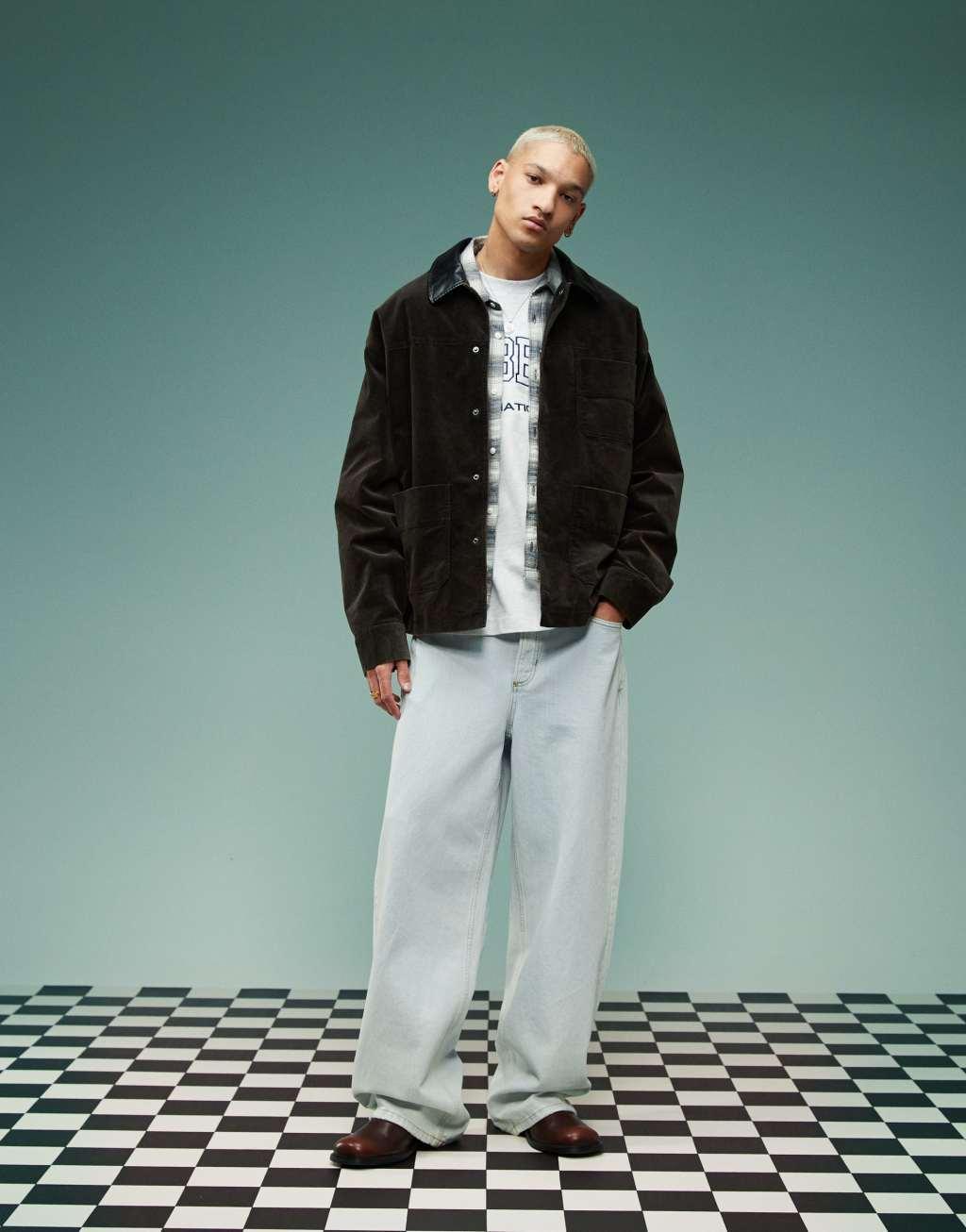 ASOS DESIGN oversized velvet look harrington jacket in brown with contrast collar Product Image