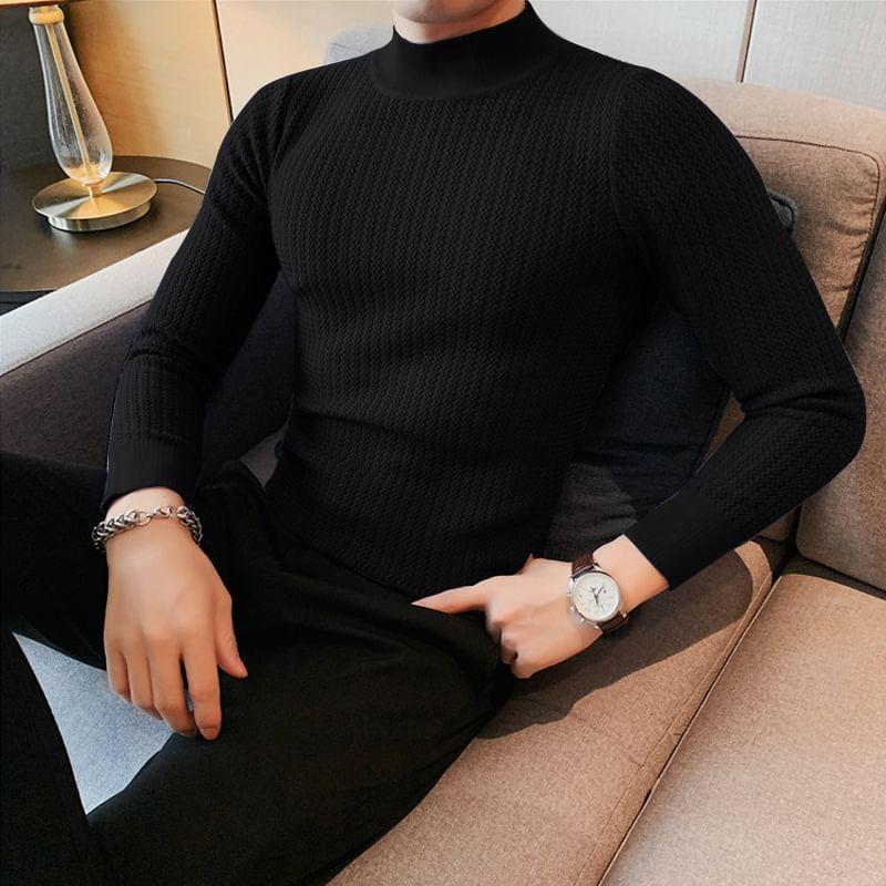 Long-Sleeve Mock Neck Plain Knit Top Product Image