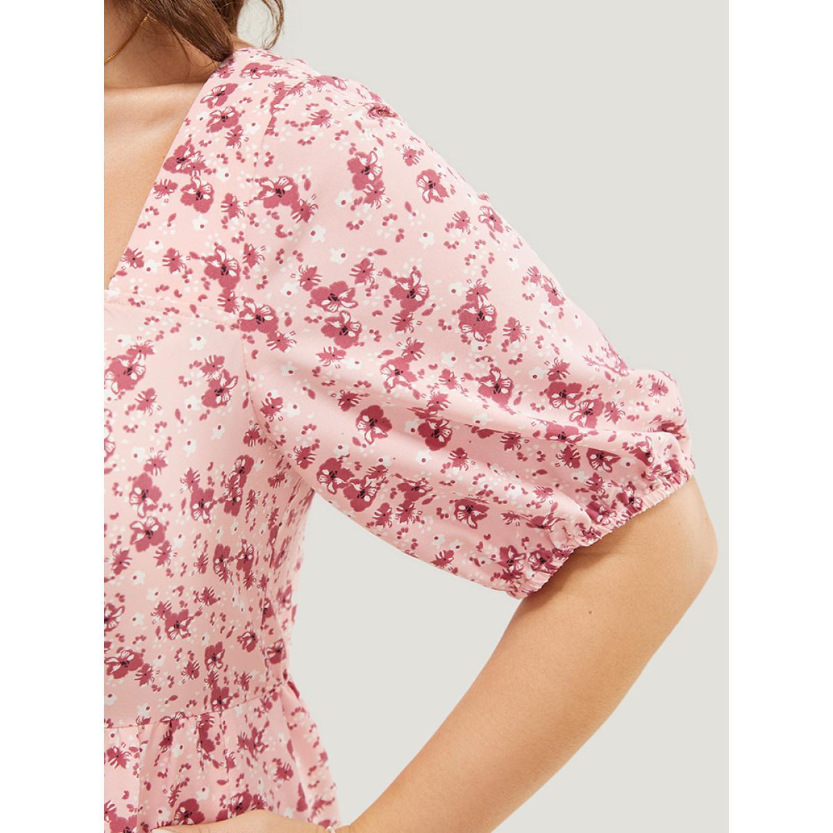 Plus Size Ditsy Floral Ruffle Tiered Pocket Ruched Puff Sleeve Drawstring Dress Watermelon Women Elegant Non Square Neck Short sleeve Curvy BloomChic 10/M Product Image