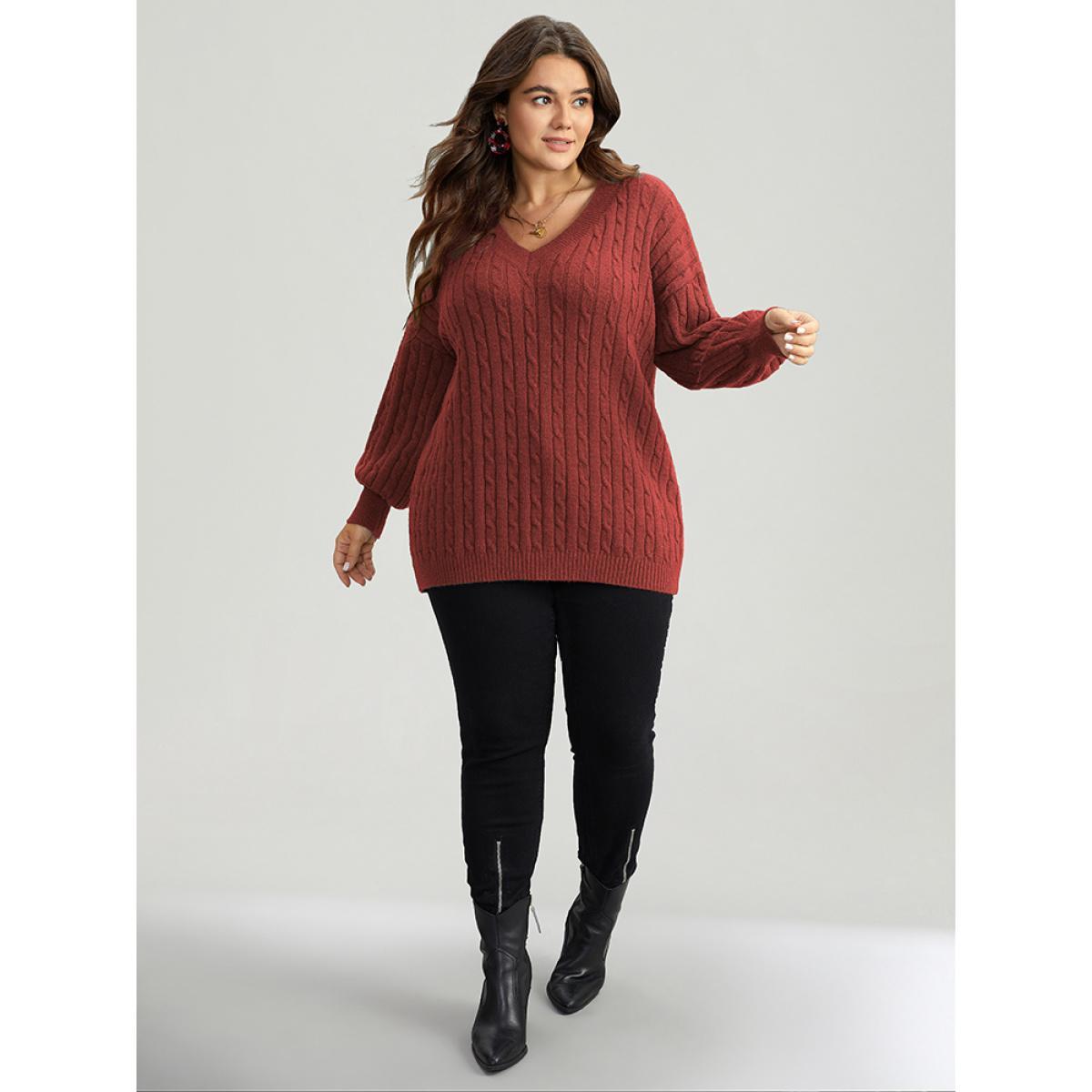 Plus Size Lurex Cable Knit Plain V Neck Pullover Raspberry Women Casual Loose Long Sleeve V-neck Dailywear Pullovers BloomChic 14-16/1X Product Image