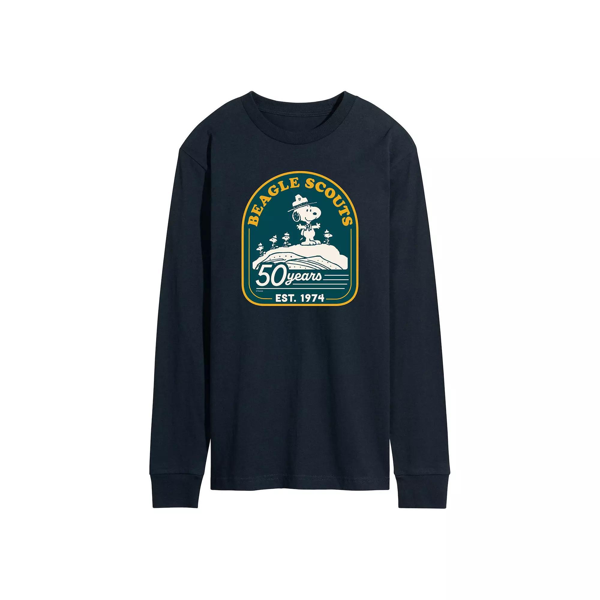 Mens Peanuts Beagle Scout 50 Year Mountain Long Sleeve Graphic Tee Blue Product Image