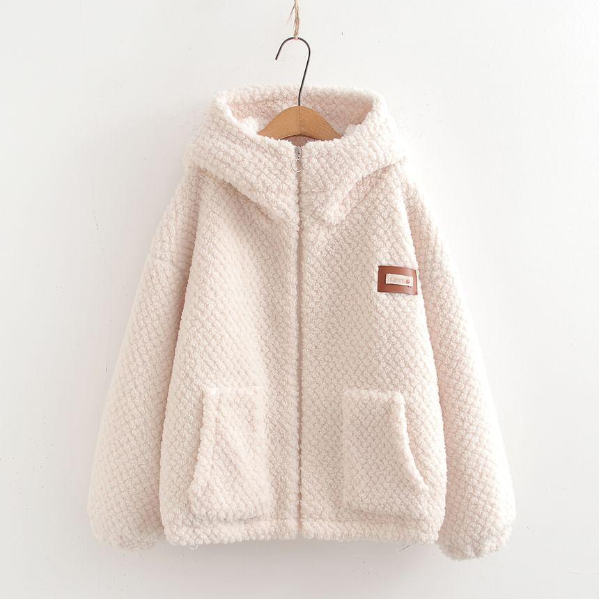 Label Applique Fluffy Zip Hoodie Product Image
