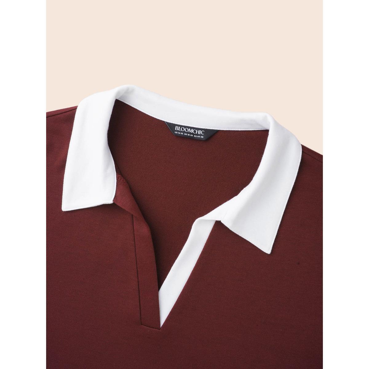 Plus Size Polo Neck Contrast Patchwork Sweatshirt Women Burgundy Casual Contrast Polo Everyday Sweatshirts BloomChic 10/M Product Image