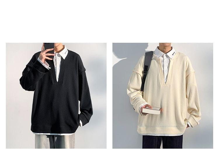 Collared Mock Two-Piece Two Tone Sweatshirt Product Image