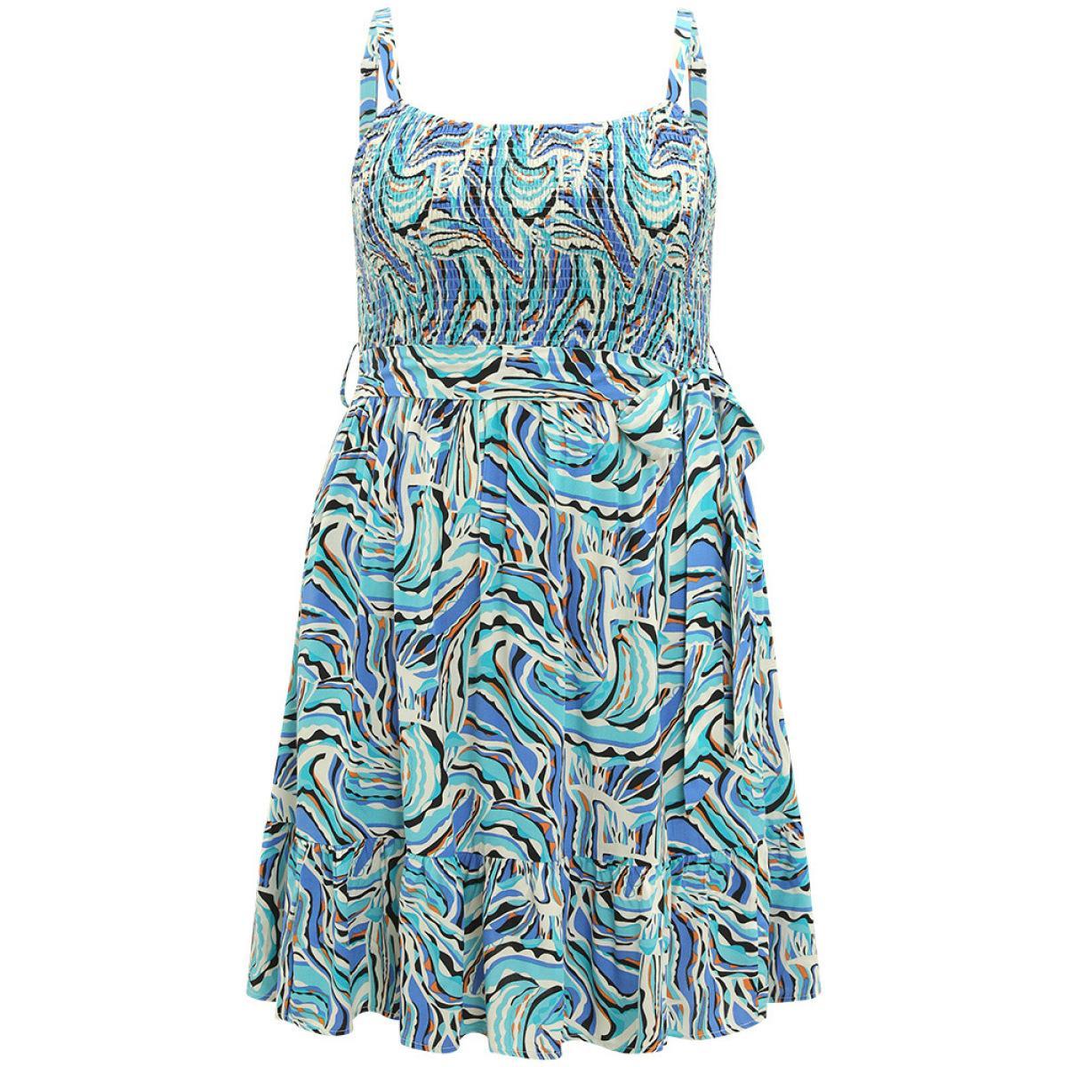 Plus Size Water Ripple Print Shirred Pocket Belted Cami Dress Arctic Women Elegant Pocket Spaghetti Strap Sleeveless Curvy Knee Dress BloomChic 30/6X Product Image