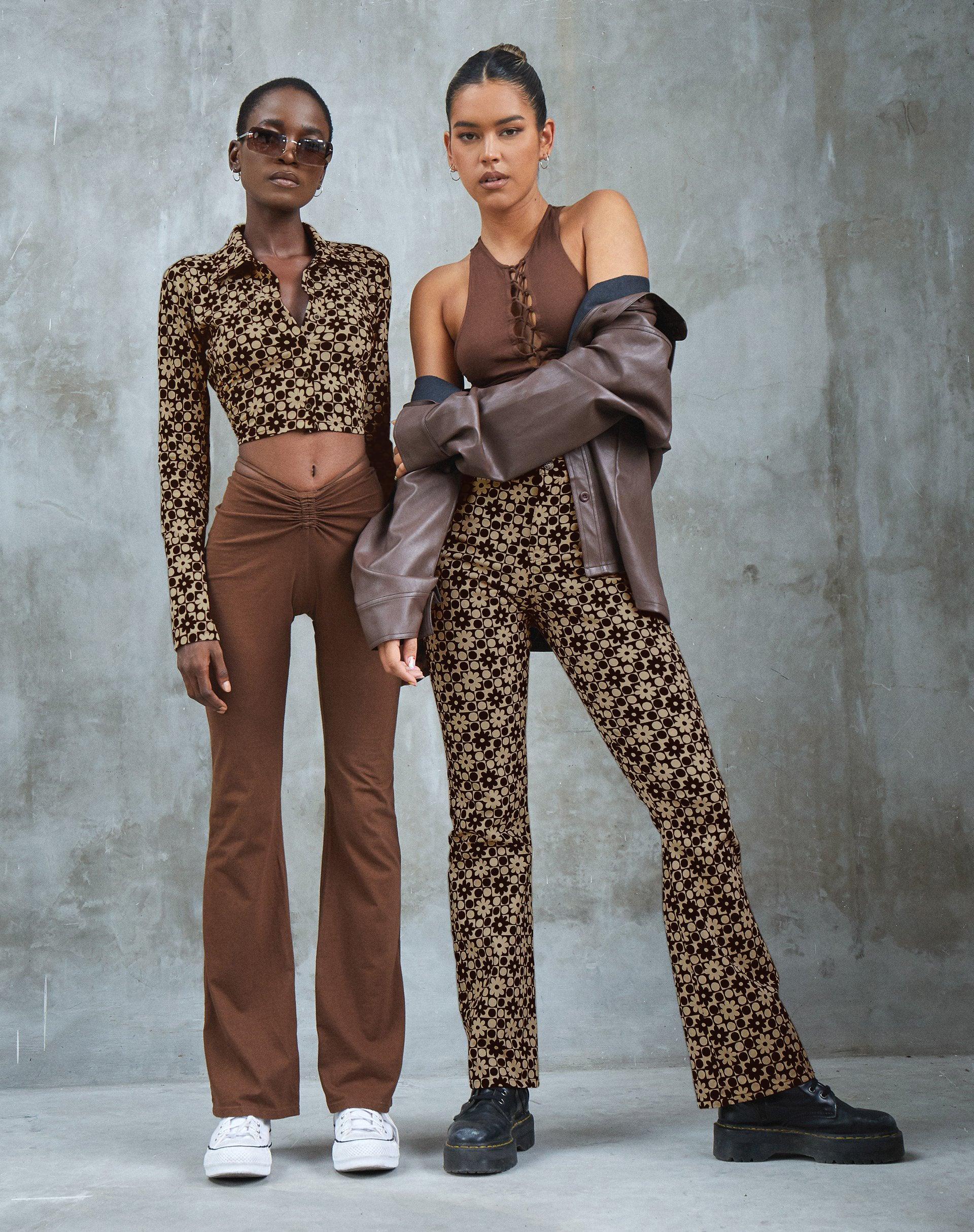 Zoven Flare Trouser in Patchwork Daisy Brown Product Image
