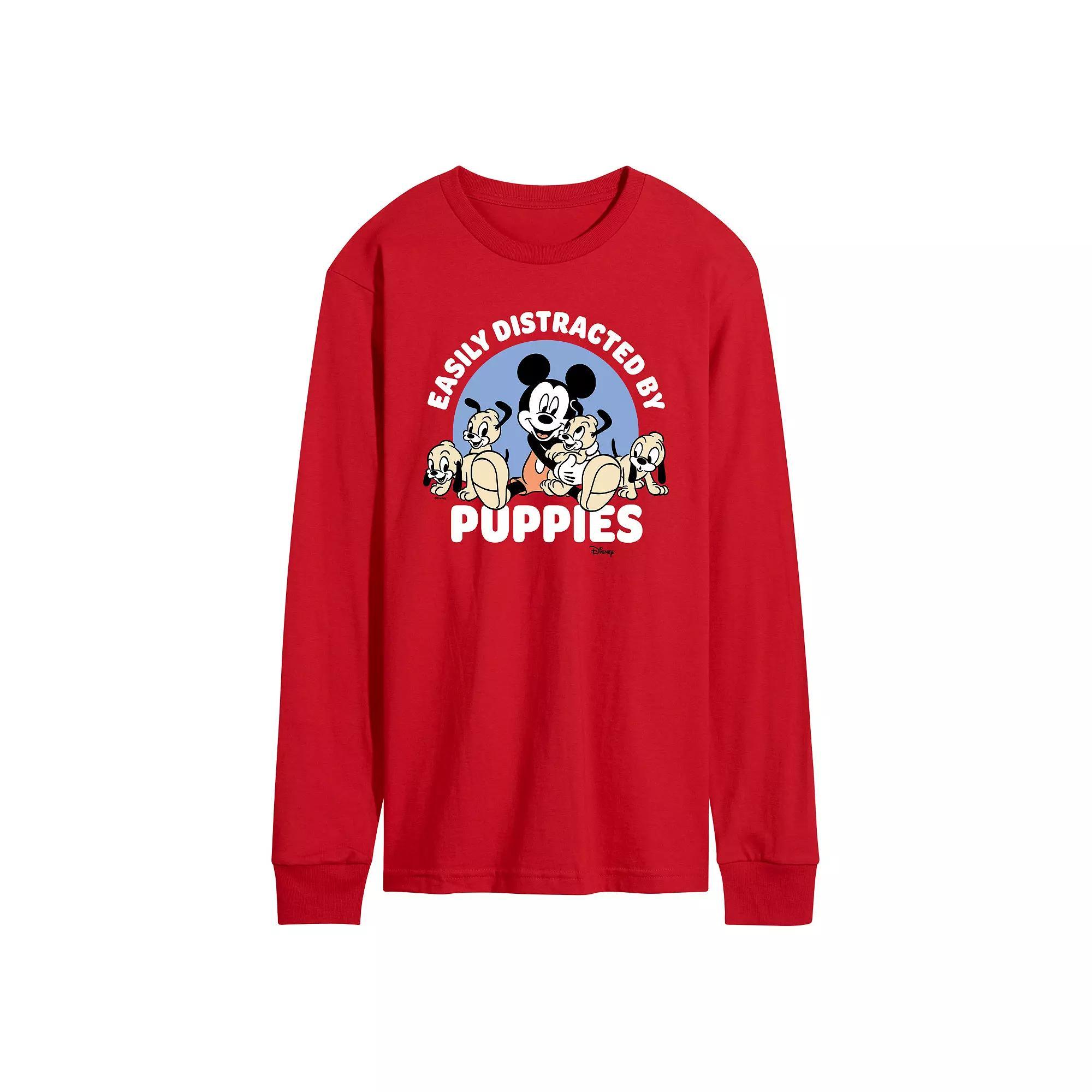 Disneys Mickey Mouse Mens Easily Distracted By Puppies Long Sleeve Graphic Tee Product Image