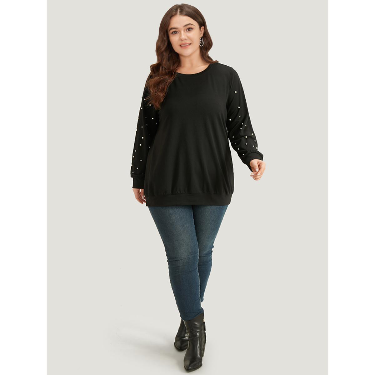 Plus Size Halloween Pearl Beaded Round Neck Sweatshirt Women Black Elegant Elastic cuffs Round Neck Festival-Halloween Sweatshirts BloomChic 18-20/2X Product Image