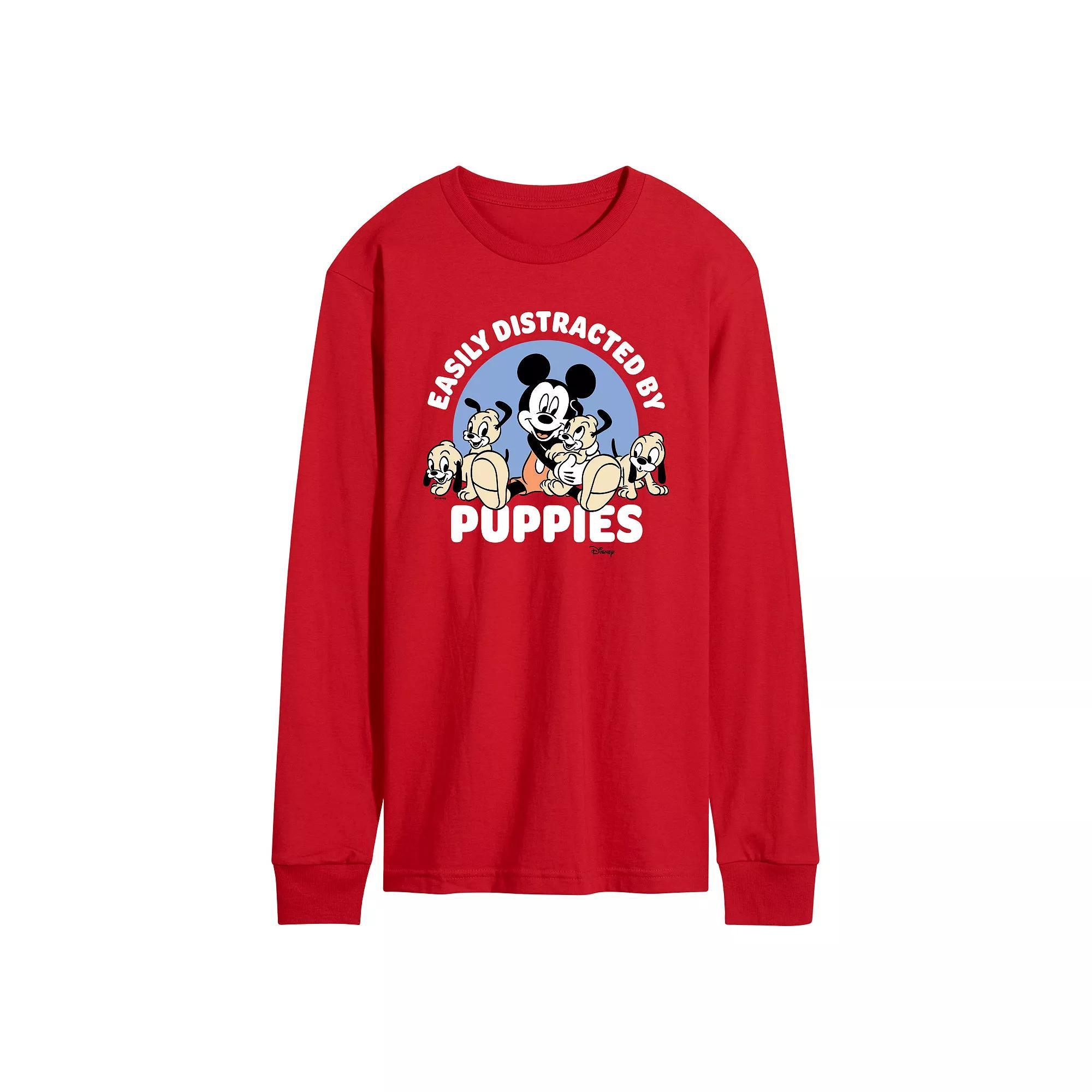 Disneys Mickey Mouse Mens Easily Distracted By Puppies Long Sleeve Graphic Tee Product Image