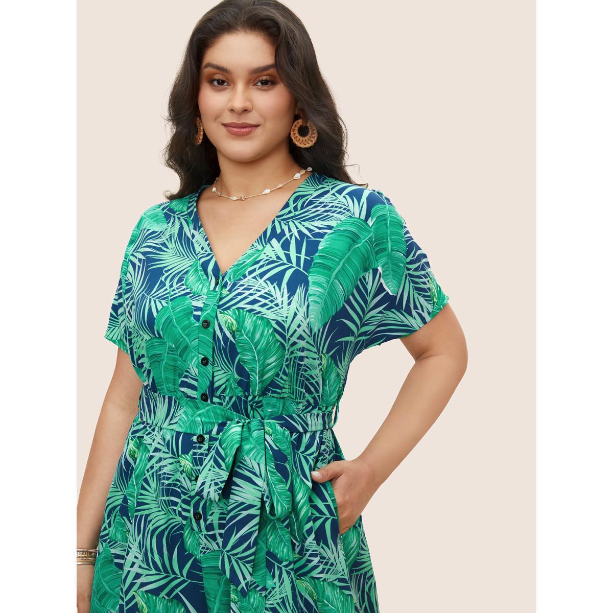 Plus Size Indigo Tropical Print Button Up Belted Jumpsuit Women Resort Short sleeve V-neck Vacation Loose Jumpsuits BloomChic 18-20/2X Product Image