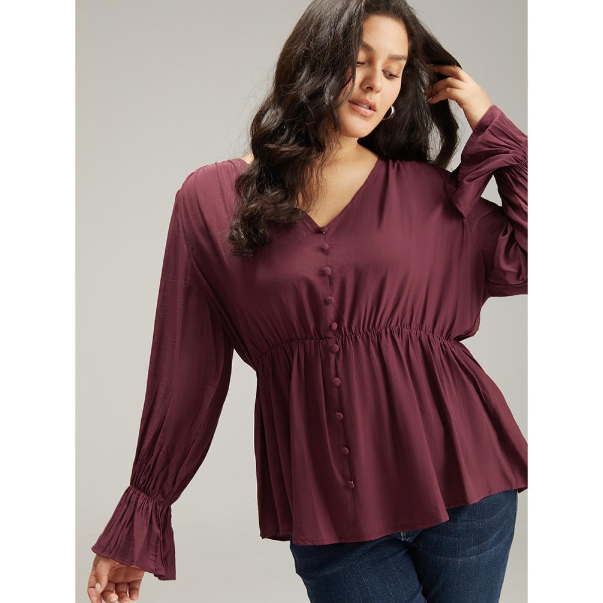 Plus Size Burgundy Button Detail Ruffle Trim Blouse Women Elegant Long Sleeve V-neck Dailywear Blouses BloomChic 22-24/3X Product Image