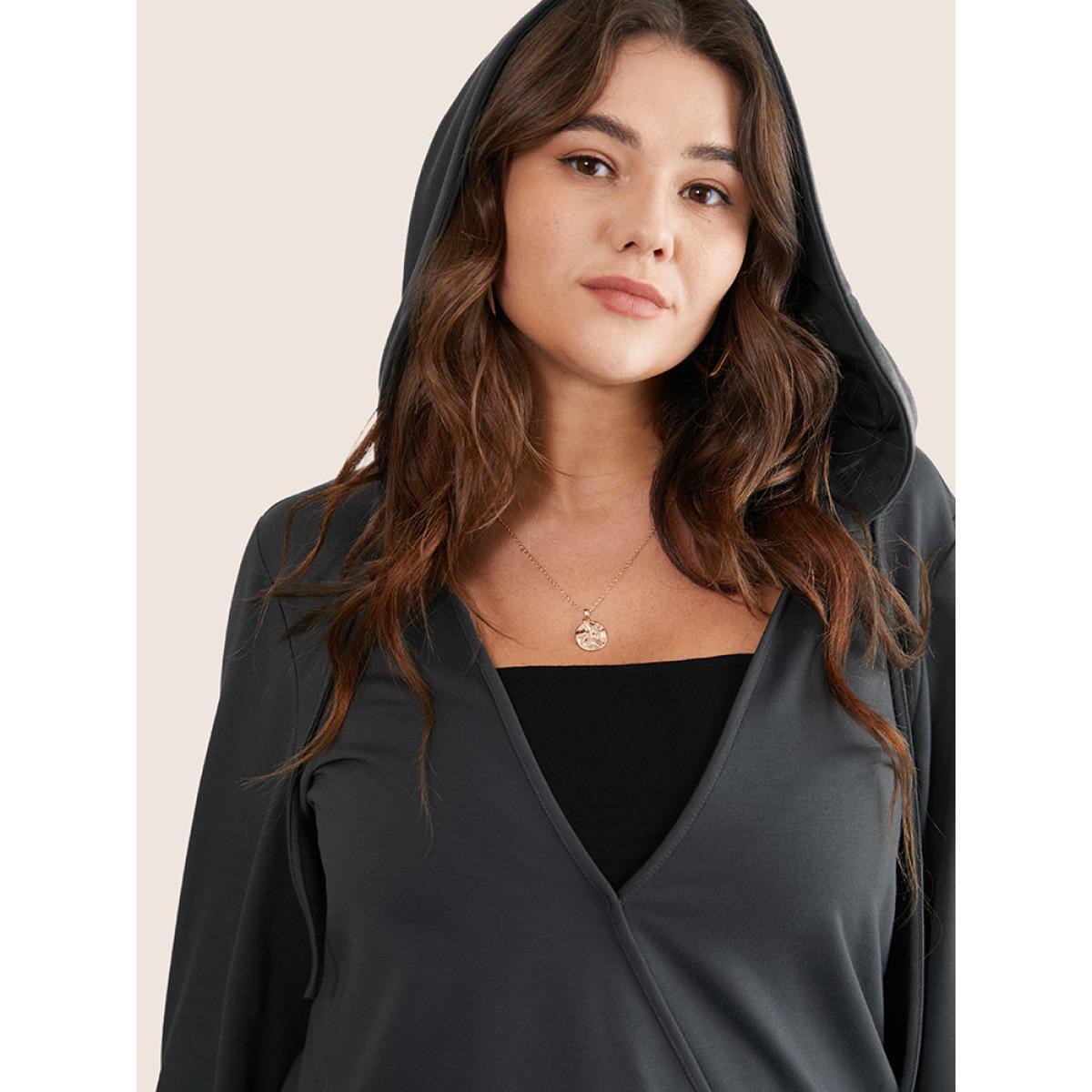 Plus Size Deep V Neck Hooded Drawstring Sweatshirt Women DimGray Casual Plain Hooded Dailywear Sweatshirts BloomChic 18-20/2X Product Image