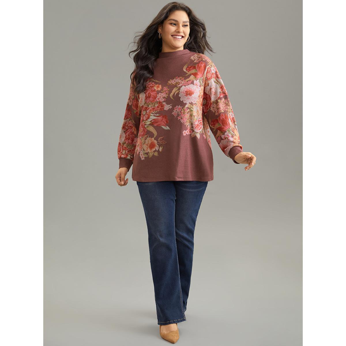 Plus Size Floral Print Mock Neck Elastic Cuffs Sweatshirt Women DarkBrown Elegant Printed Mock Neck Dailywear Sweatshirts BloomChic 28/5X Product Image