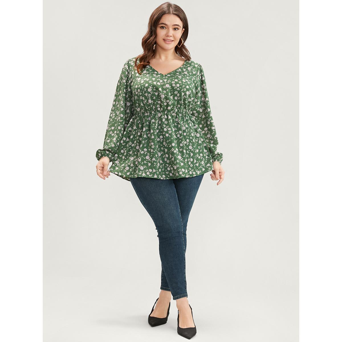 Plus Size Green Ditsy Floral V Neck Lantern Sleeve Blouse Women Elegant Long Sleeve V-neck Dailywear Blouses BloomChic 18-20/2X Product Image