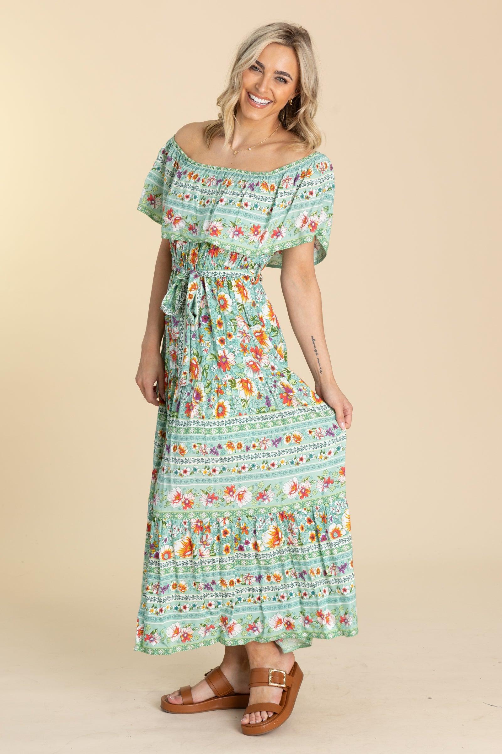 Mint Boho Off The Shoulder Maxi Dress Product Image