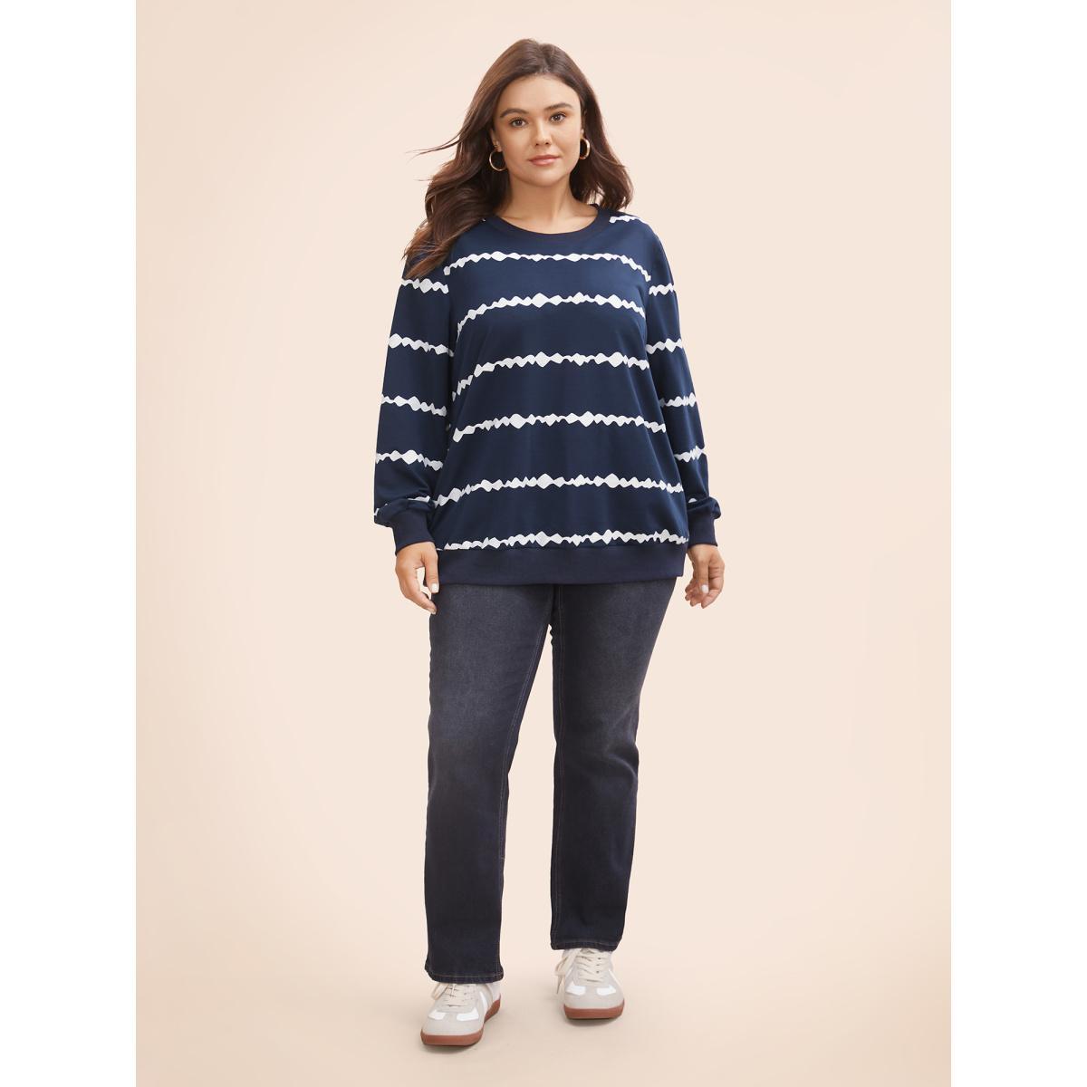 Plus Size Round Neck Asymmetrical Striped Sweatshirt Women Midnight Casual Contrast Round Neck Everyday Sweatshirts BloomChic 22-24/3X Product Image