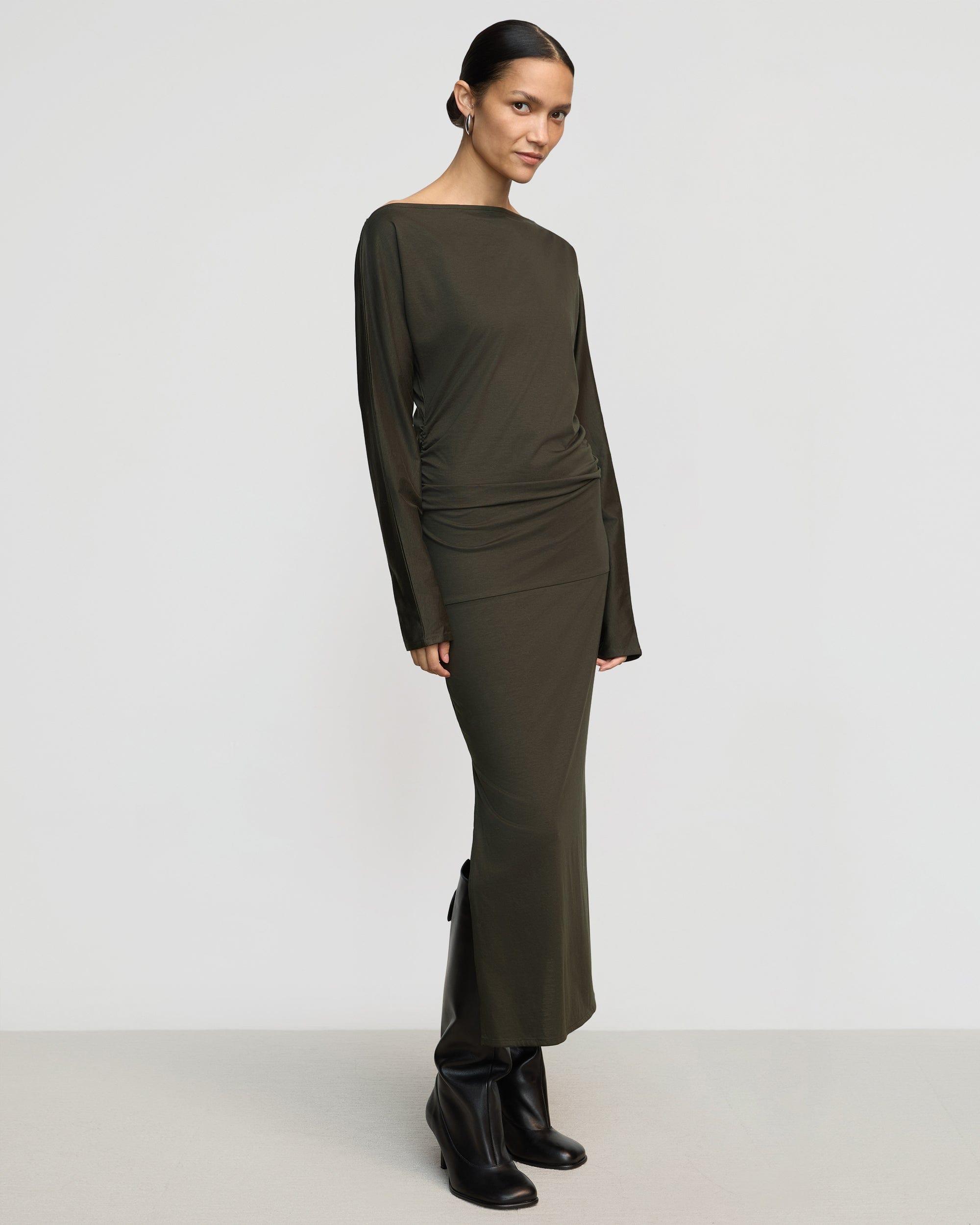 Kezia Off-Shoulder Satin Jersey Dress Product Image