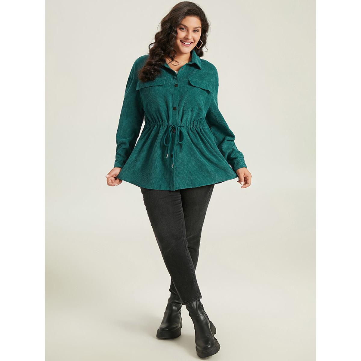 Plus Size Plain Corduroy Pocket Button Up Drawstring Gathered Coat Women Cyan Casual Plain Ladies Dailywear Winter Coats BloomChic 22-24/3X Product Image