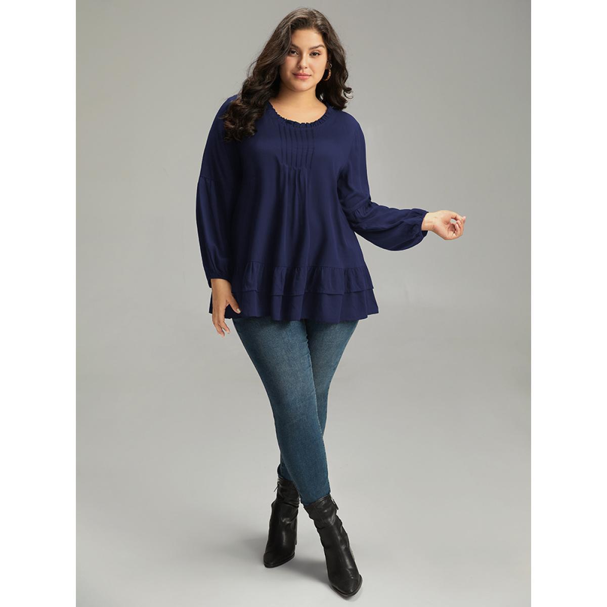 Plus Size Indigo Seam Detail Frill Trim Layered Blouse Women Elegant Long Sleeve Round Neck Dailywear Blouses BloomChic 28/5X Product Image