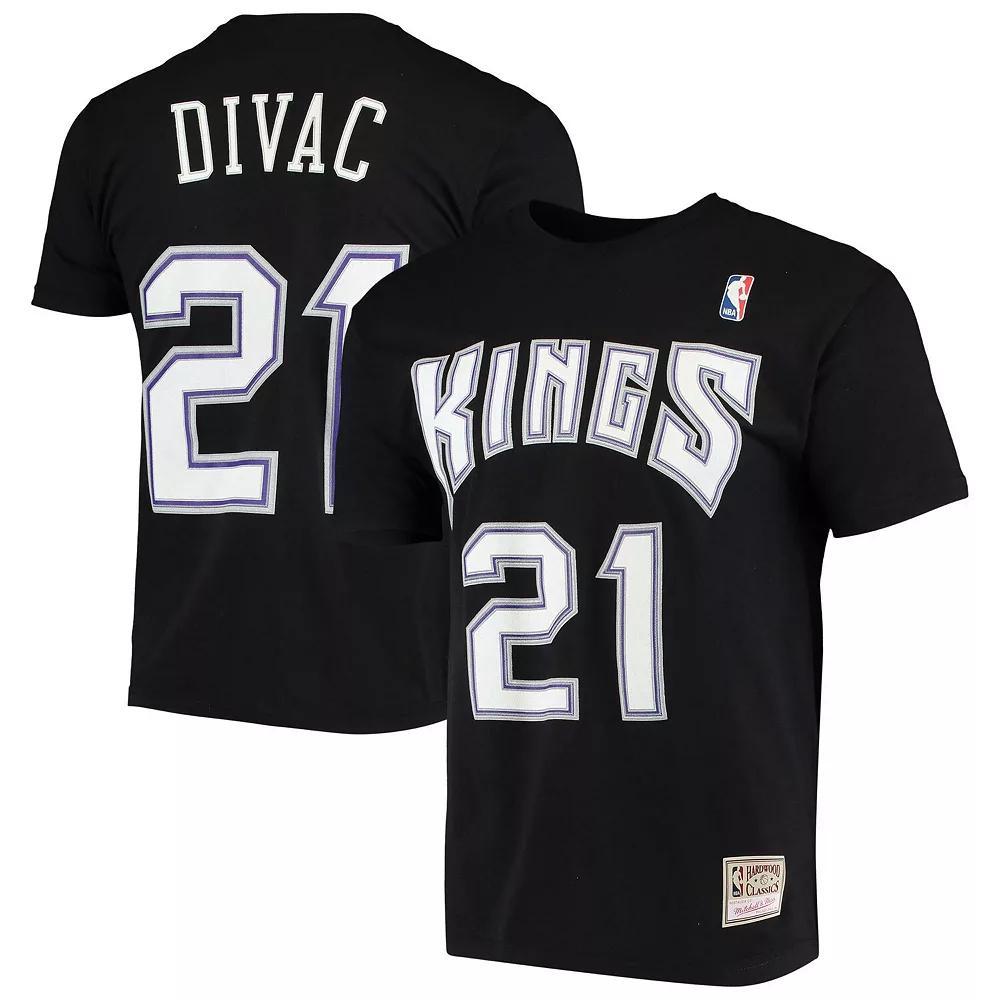Men's Mitchell & Ness Vlade Divac Black Sacramento Kings Hardwood Classics Stitch Name & Number T-Shirt, Size: Medium, Kng Black Product Image