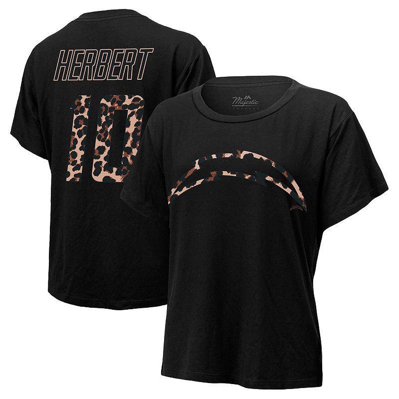 Womens Majestic Threads Justin Herbert Los Angeles Chargers Leopard Player Name & Number T-Shirt Product Image