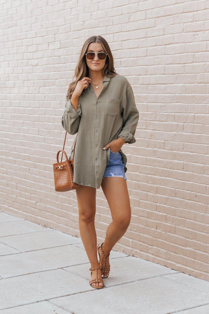 Olive Slit Button Down Shirt Product Image