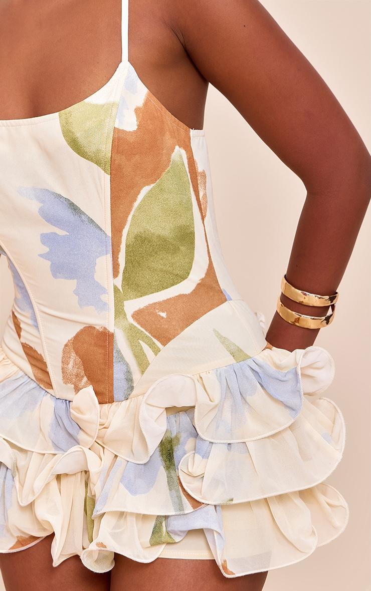 Cream Floral Chiffon Strappy Frill Detail Romper Product Image
