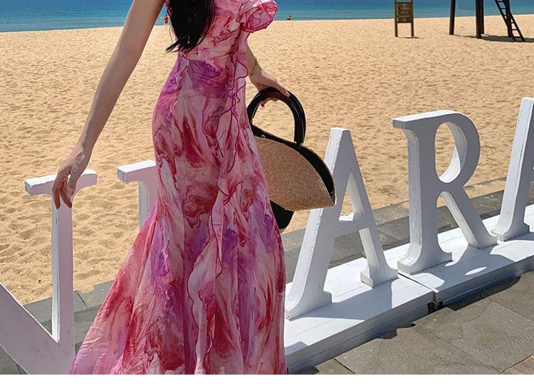 Spaghetti Strap V-Neck Floral Print Maxi A-Line Dress Product Image