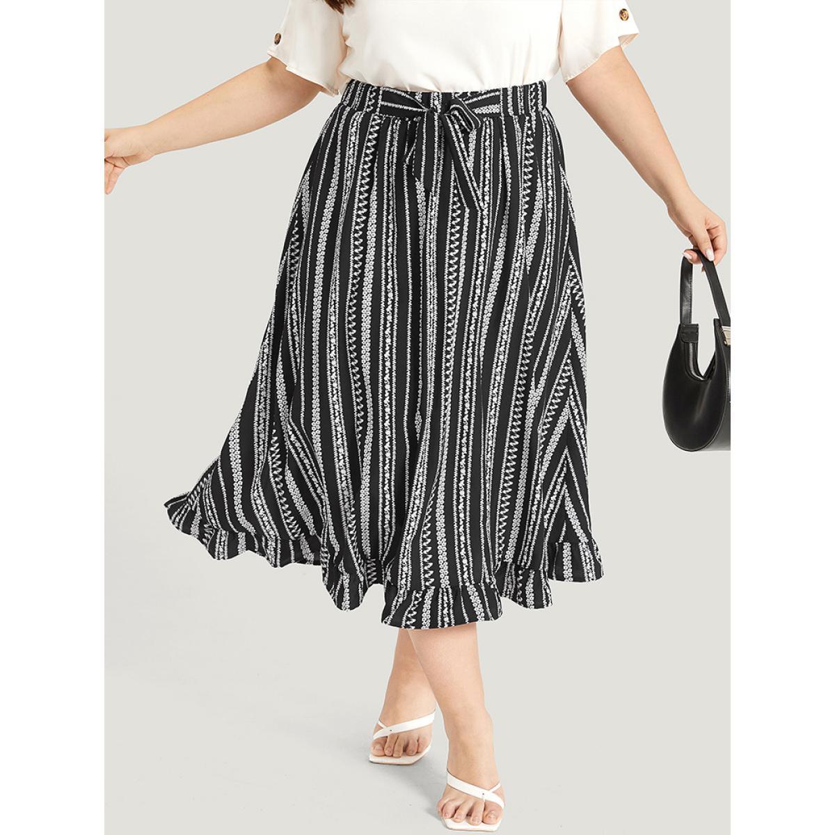 Plus Size Striped Bowknot Pocket Ruffle Trim Skirt Women Black Office Cross straps No stretch Pocket Work Skirts BloomChic 28/5X Product Image