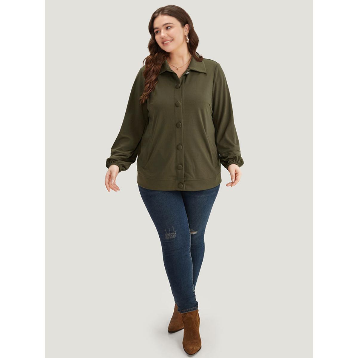 Plus Size Plain Slant Pocket Button Up Elastic Cuffs Jacket Women ArmyGreen Elastic cuffs Pocket Everyday Jackets BloomChic 12/L Product Image