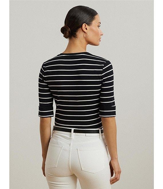Lauren Ralph Lauren Knit Stripe Stretch Cotton V-Neck Elbow Sleeve Tee Product Image