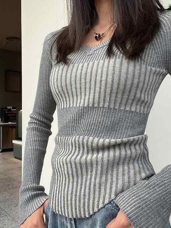 Ribbed Patchwork V Neck Slim Long Sleeve Knit Product Image
