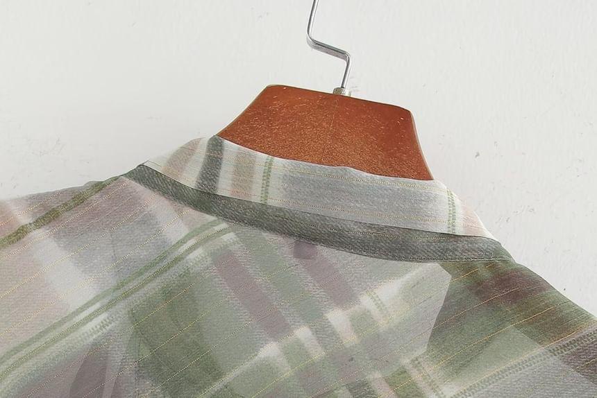 Set: Long Sleeve Tie Neck Plaid Maxi A-Line Dress + Belt Product Image