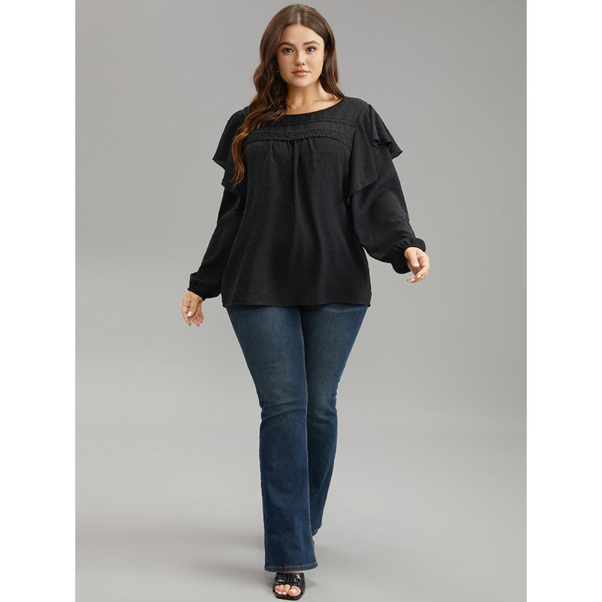 Plus Size Black Solid Contrast Lace Tiered Ruffles Blouse Women Elegant Long Sleeve Round Neck Dailywear Blouses BloomChic 14-16/1X Product Image