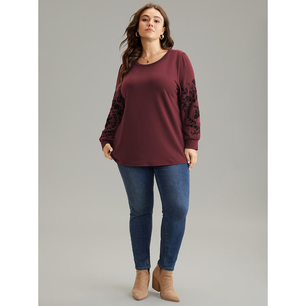 Plus Size Plants Embroidered Elastic Cuffs Crew Neck Sweatshirt Women Burgundy Casual Embroidered Round Neck Everyday Sweatshirts BloomChic 10/M Product Image