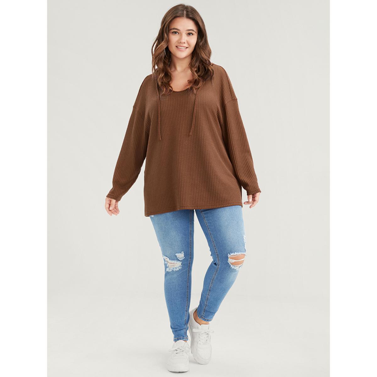 Plus Size Plain Ties Waffle Knit Hooded Sweatshirt Women Chocolate Casual Plain Hooded Dailywear Sweatshirts BloomChic 30/6X Product Image