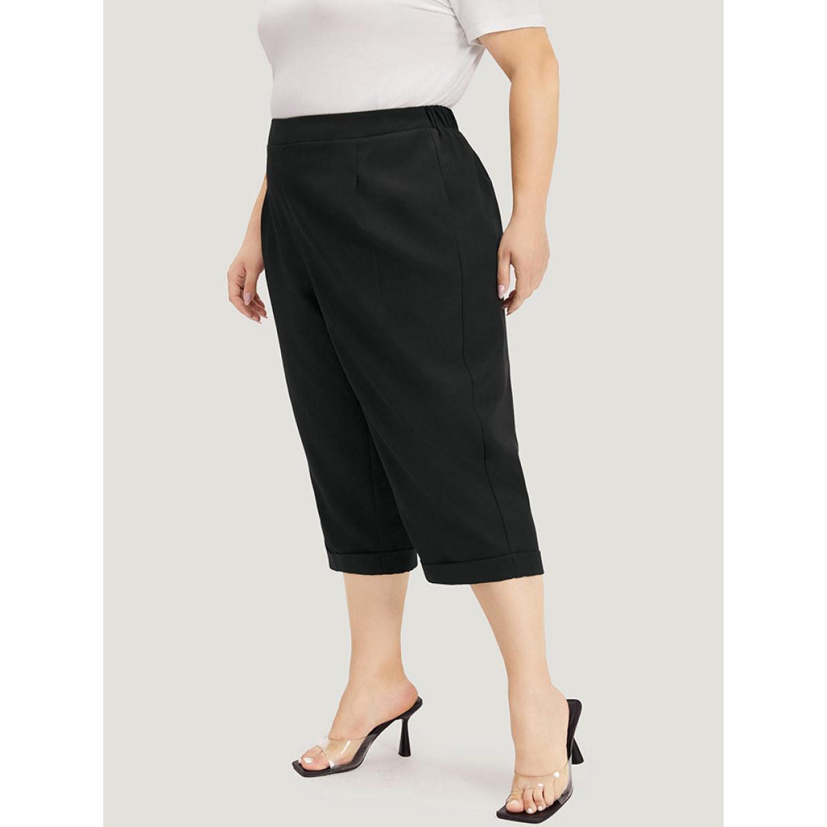 Plus Size Plain Pocket Elastic Waist Pleated Cropped Pants Women Black Office Straight Leg High Rise Work Pants BloomChic 30/6X Product Image