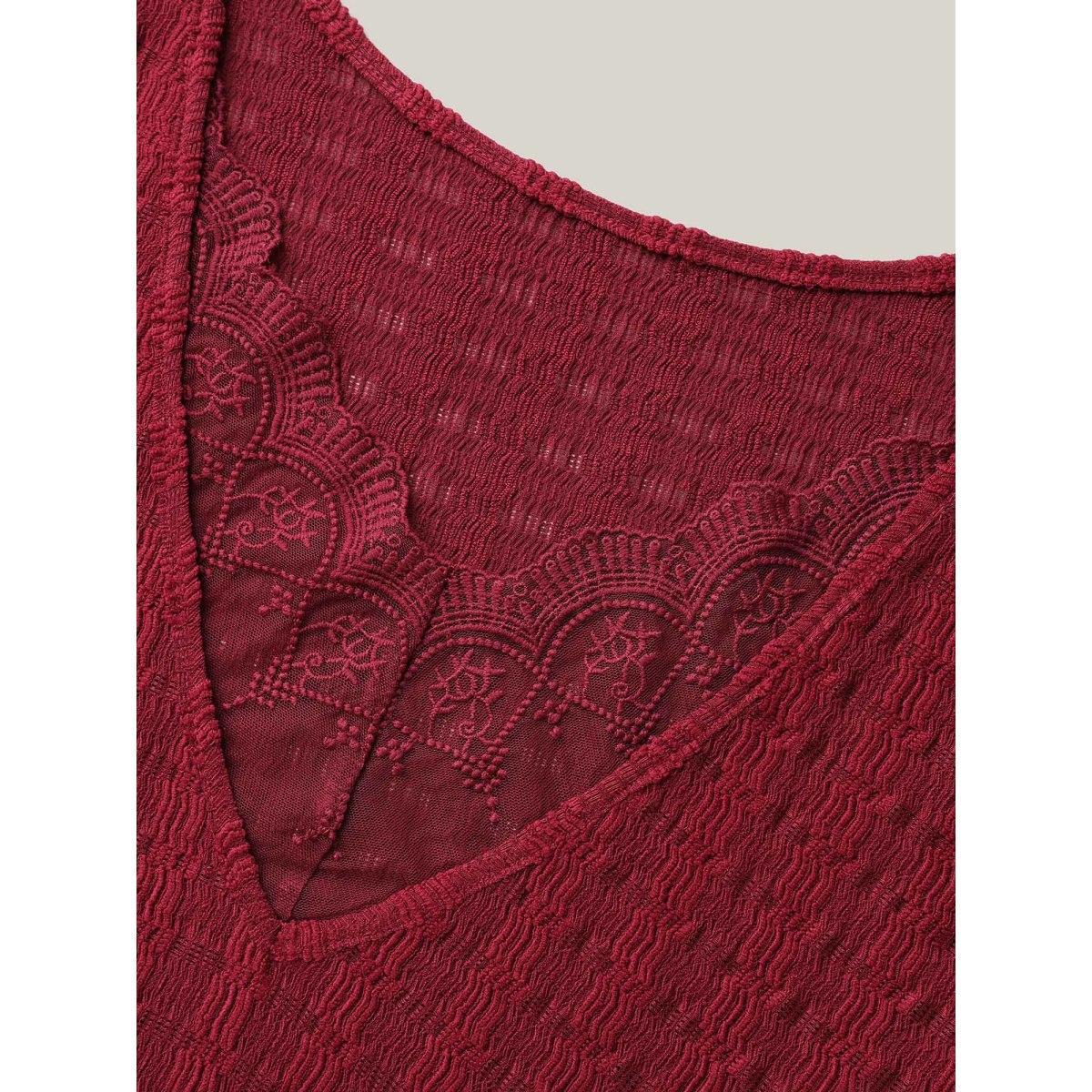 Plus Size Textured Back Lace Cut-Out Stretchy T-Shirt Burgundy Women Casual Texture Boat Neck Everyday T-shirts BloomChic 26/4X Product Image