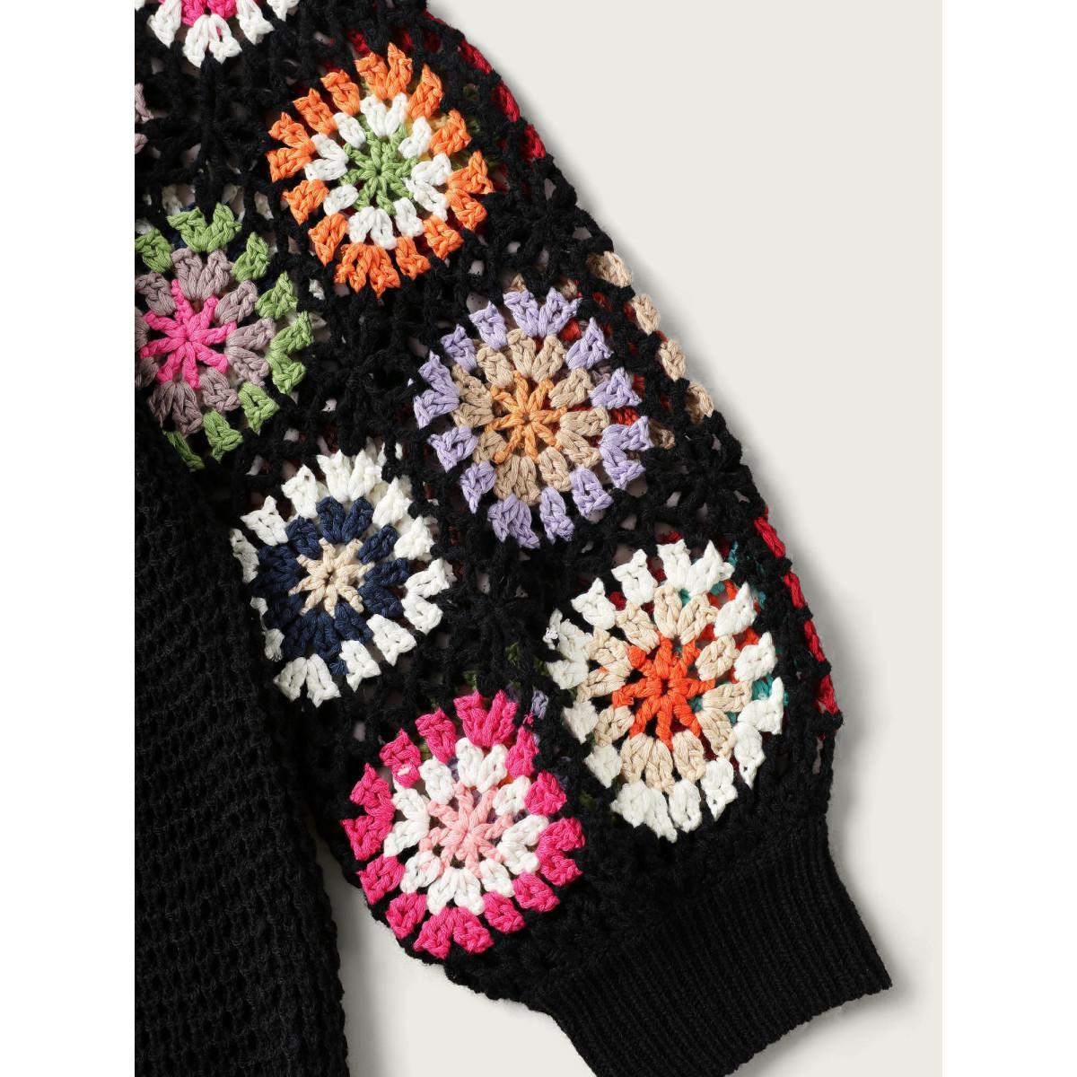 Plus Size Crochet Floral Drop Shoulder Cut Out Cardigan Black Women Resort Loose Long Sleeve Vacation Cardigans BloomChic 12/L Product Image