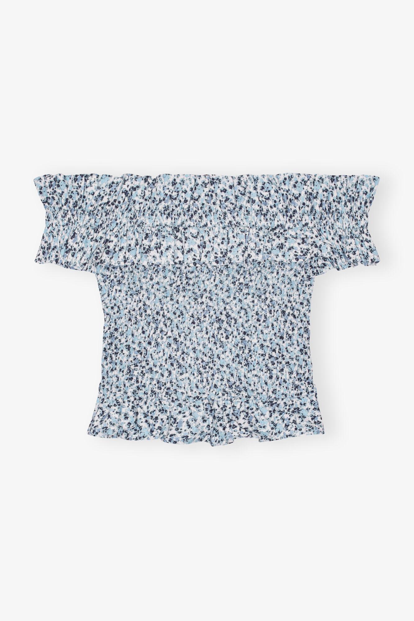 Blue Floral Printed Cotton Off-shoulder Smock Top Product Image