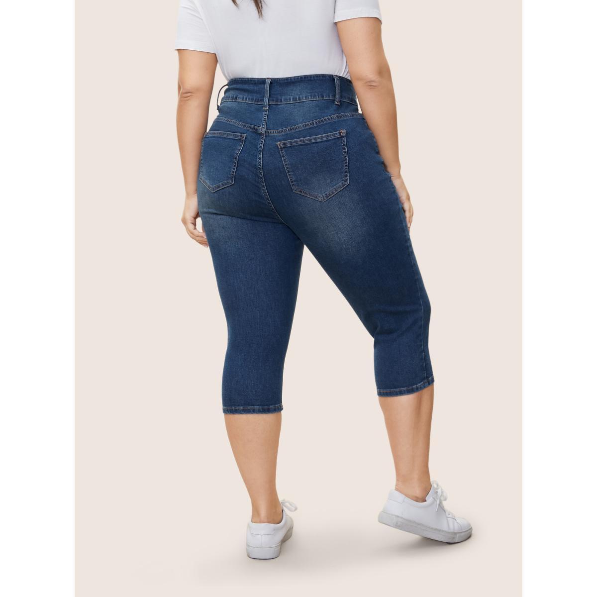 Plus Size Skinny Below The Knees Pocket Jeans Women Aegean Casual Plain Non High stretch Slanted pocket Jeans BloomChic 22/3X Product Image