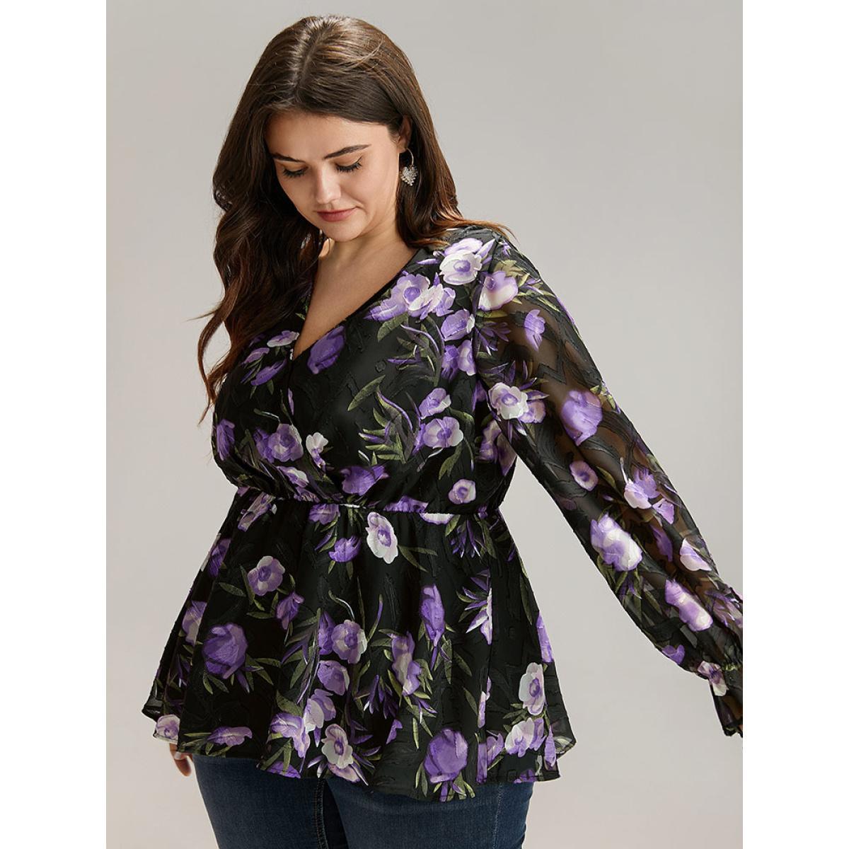 Plus Size Black Chiffon Floral Mesh Wrap Ruffle Hem Blouse Women Glamour Long Sleeve V-neck Going out Blouses BloomChic 10/M Product Image