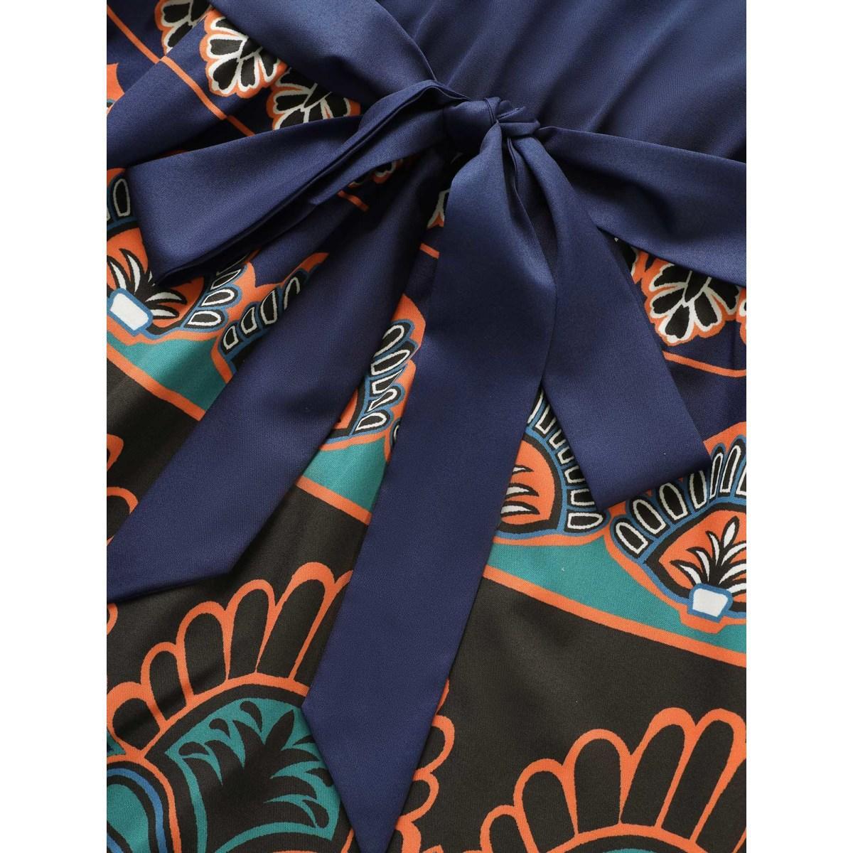 Plus Size Boho Print Patchwork Ruffle Sleeve Dress DarkBlue Women Resort Belted V-neck Short sleeve Curvy BloomChic 18-20/2X Product Image