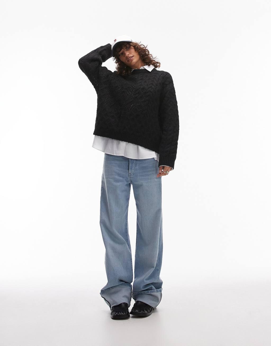 Topshop cable knit lofty relaxed sweater in black Product Image