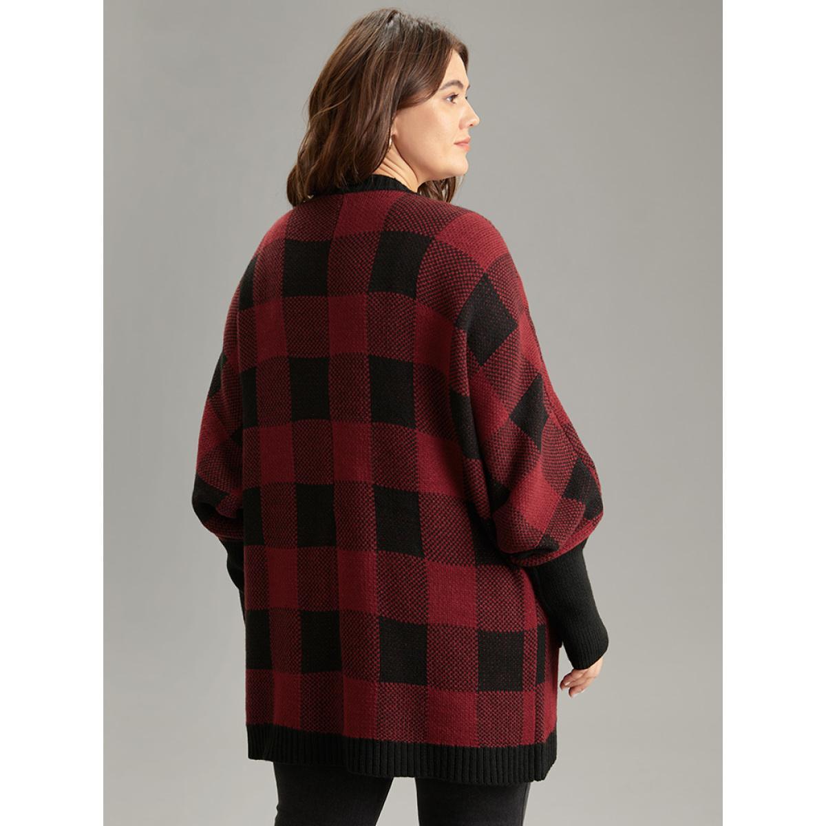 Plus Size Plaid Contrast Open Front Dolman Sleeve Cardigan Scarlet Women Casual Loose Long Sleeve Dailywear Cardigans BloomChic 28/5X Product Image