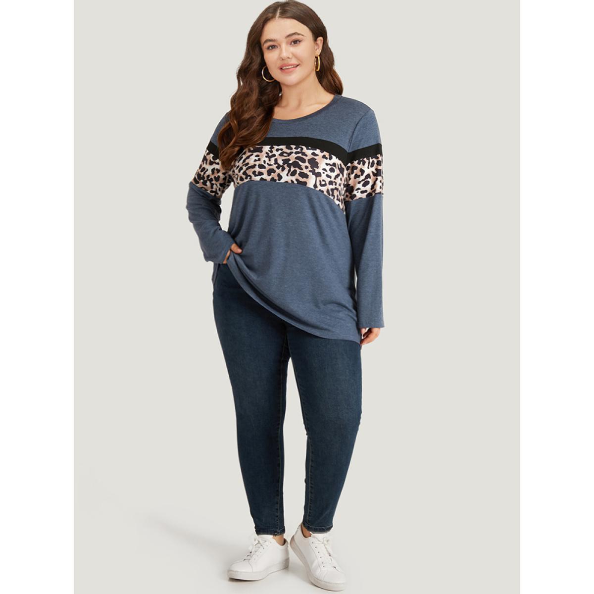 Plus Size Leopard Heather Patchwork Crew Neck T-shirt Blue Women Casual Patchwork Patchwork Round Neck Dailywear T-shirts BloomChic 30/6X Product Image