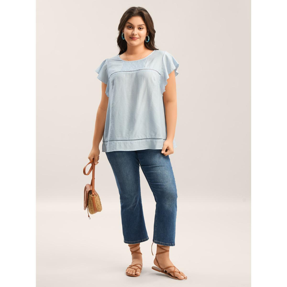 Plus Size LightBlue Supersoft Cotton Linen Blend Ruffled Blouse Women Cap Sleeve Round Neck Vacation Blouses BloomChic 22-24/3X Product Image
