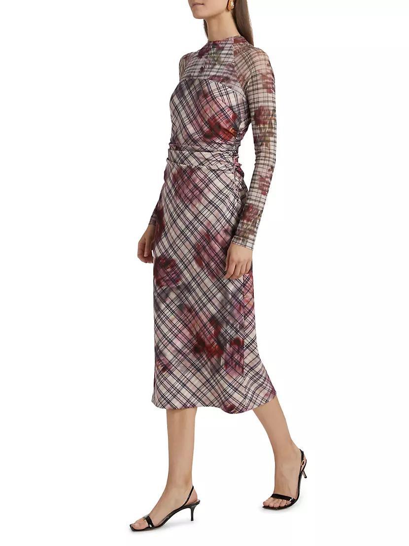 Edith Floral & Plaid Mesh Long-Sleeve Midi-Dress Product Image