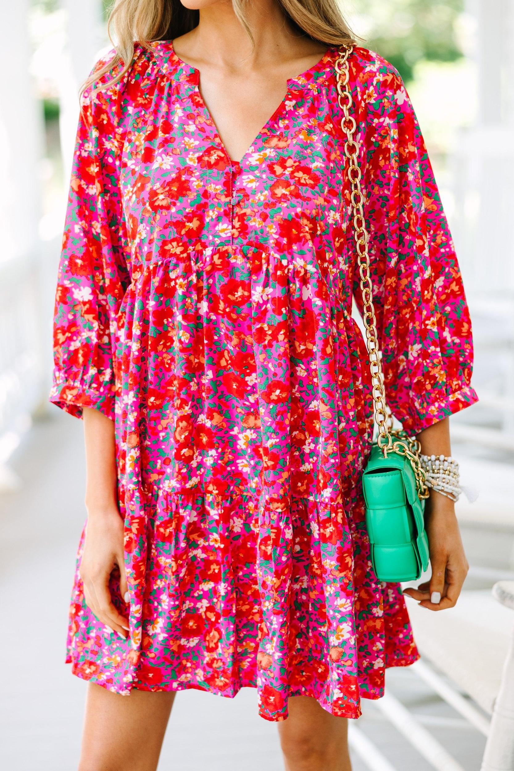 Can't Be Outdone Fuchsia Pink Ditsy Floral Babydoll Dress Female Product Image